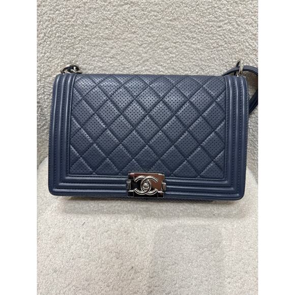 Chanel Boy Bag Medium Perforated Navy Blue Calfskin Leather with Silver Hardware - Picture 1 of 8